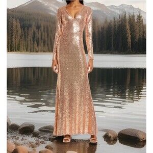 Lulus Light Up The Night Champagne Sequin Shift Maxi Dress Womens L V-Neck